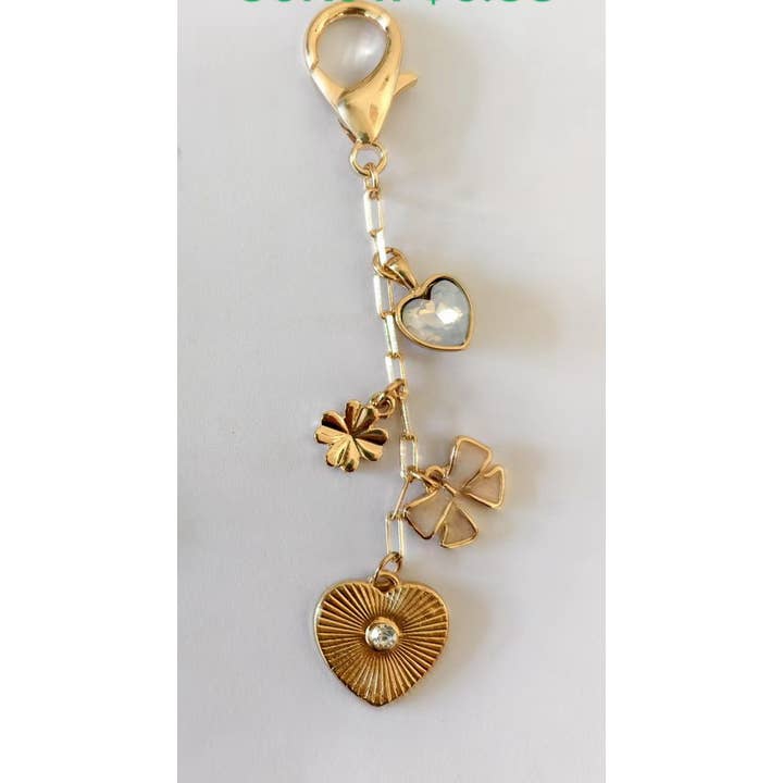 Gold HEART BOW CLOVER STONE BAG CHARM | 80K017 for wholesale on Faire1