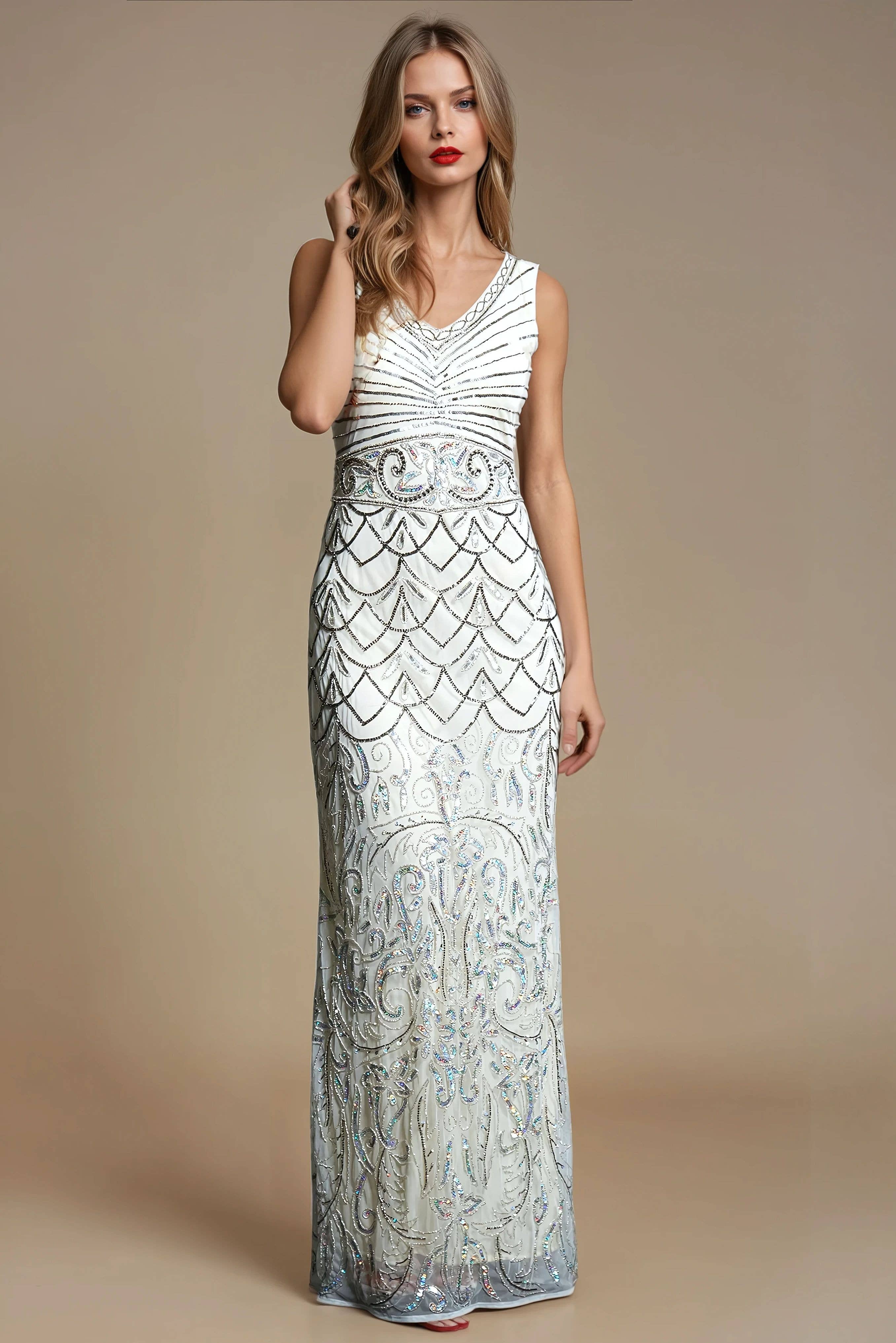 Jywal London® - Wholesale Gown - Women's - Eva Off White 1920s Wedding Maxi Dress0