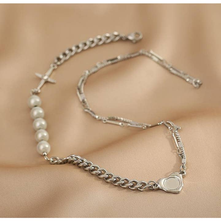 Sliver Ladies Silver Cross Heart with Beads Necklace SKAJ017 for wholesale on Faire3