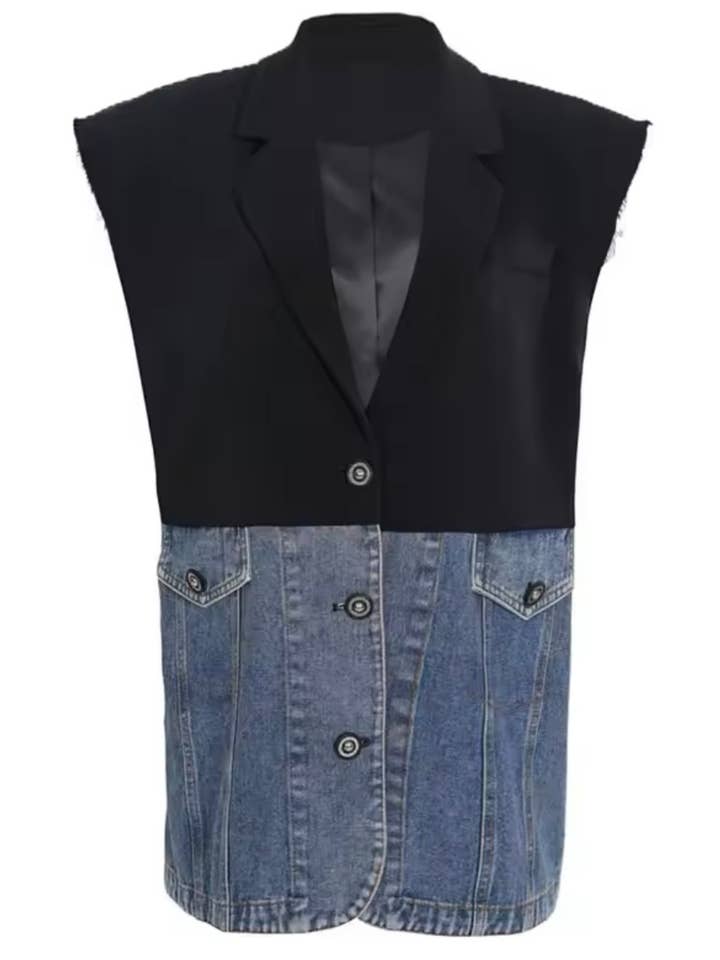 Denim-Woven Long Vest for wholesale by Luxe & Leather by Madonna & Co