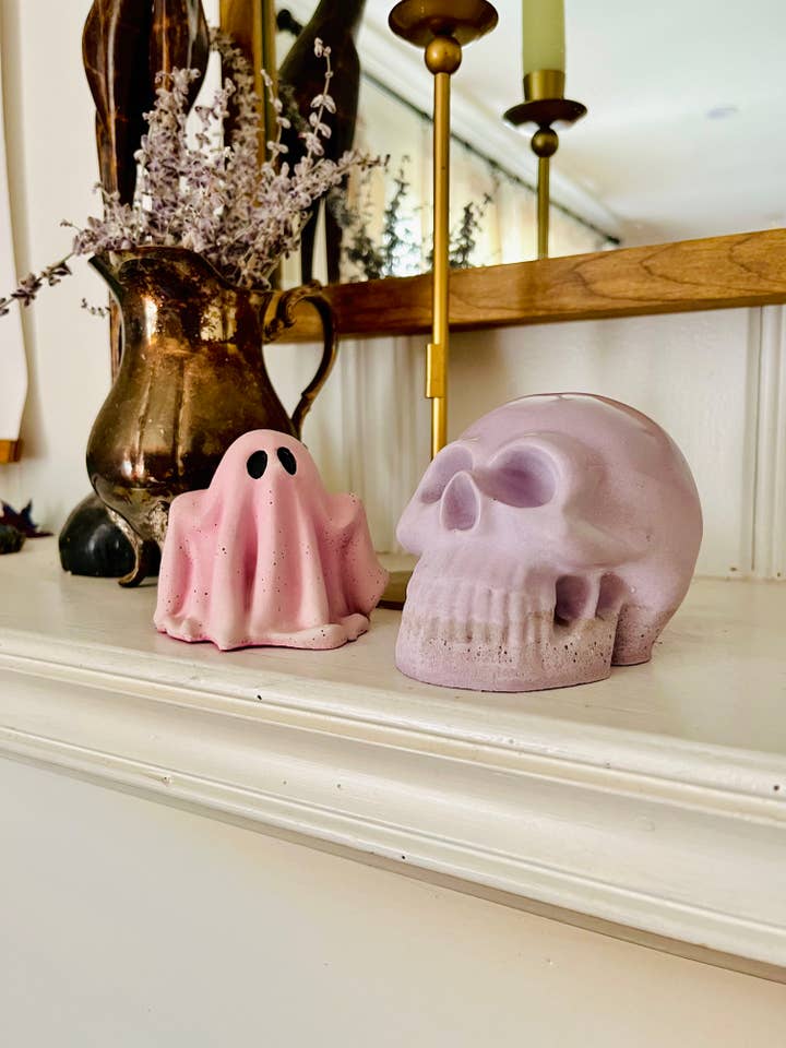 Pastel Cement Halloween Ghost and Skull Figurines for wholesale by Make My Day Design