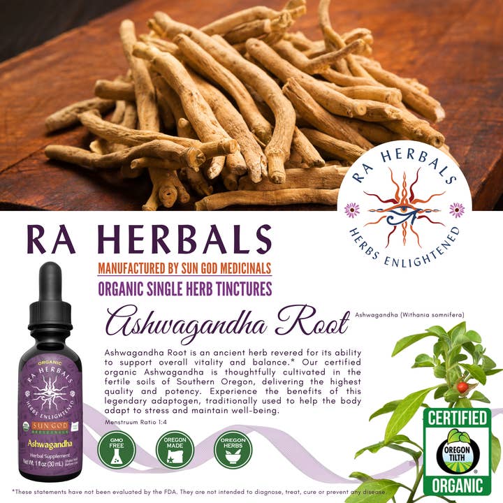 Sun God Medicinals - Wholesale Tincture - Organic Ashwagandha Tincture 1oz