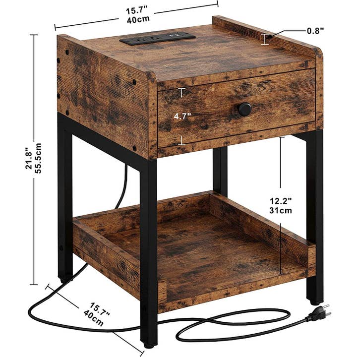 Bedside Table With Charging Station In Vintage Brown for wholesale on Faire2