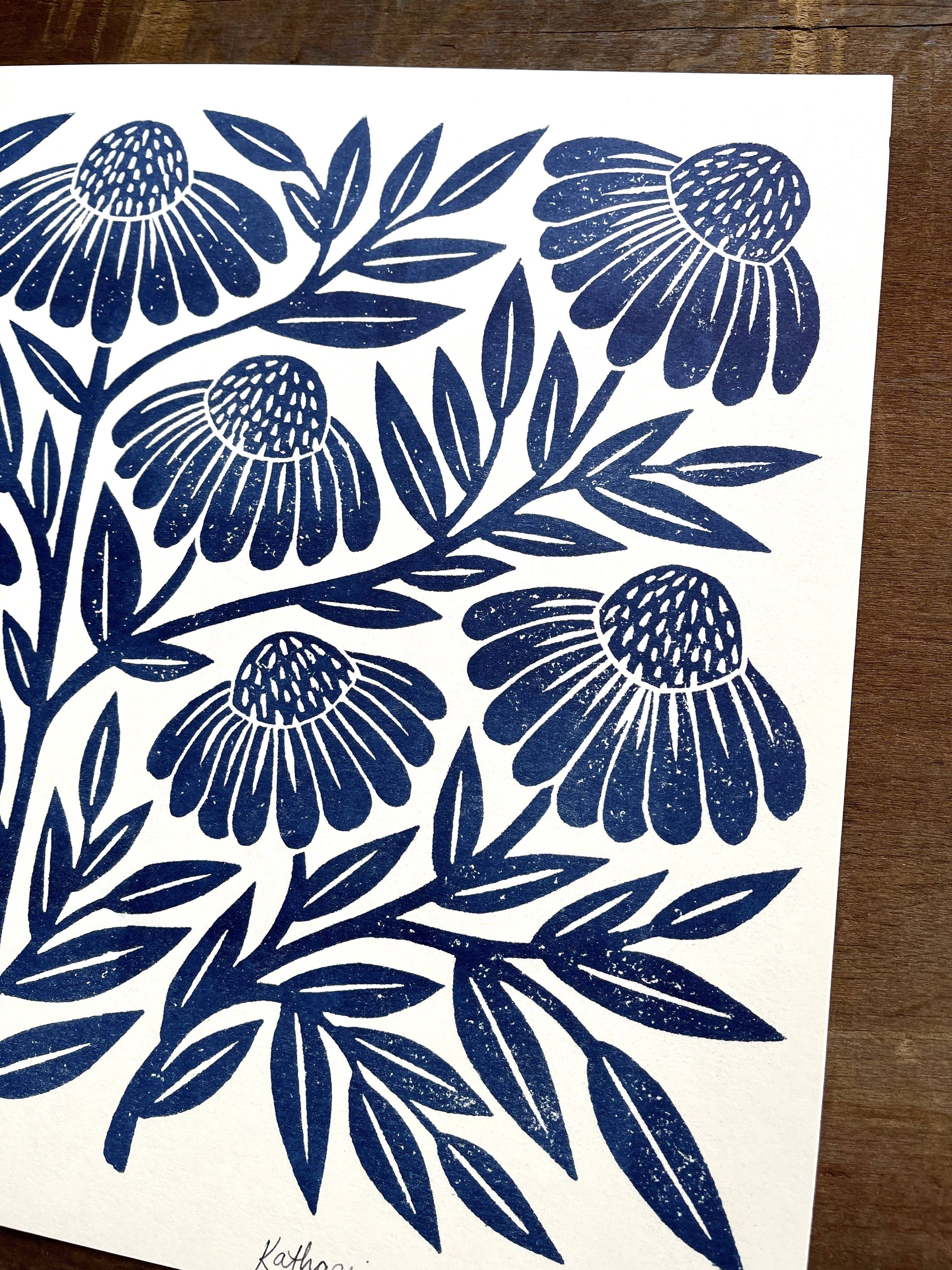 Katharine Watson - Vente Affiche d'art - Série Garden : impression d'art risographique à l'échinacée bleu marine3