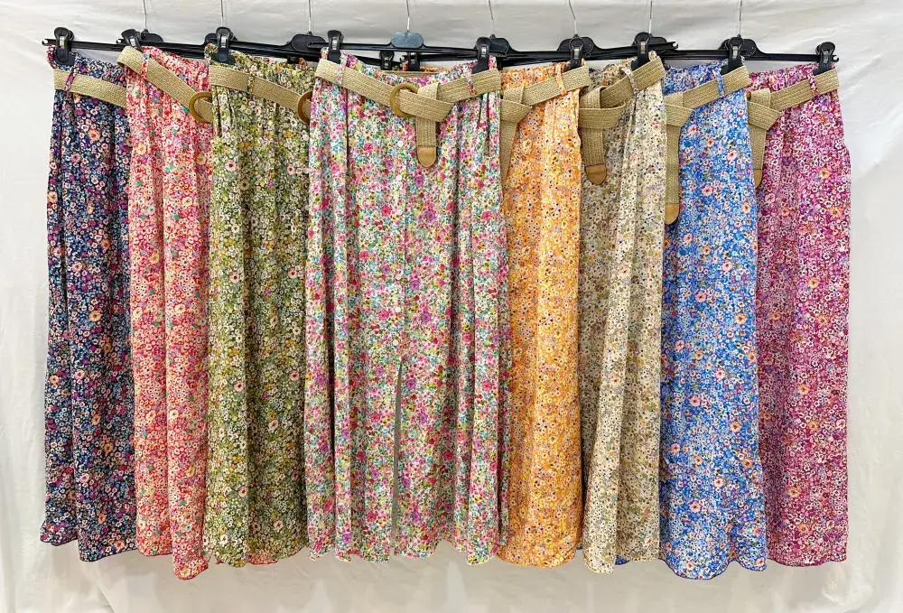 Mimi & Gogo - Wholesale Skirt - Women's - Floral Buttoned Long Skirt with Belt @3995_JuBoutCeinture9