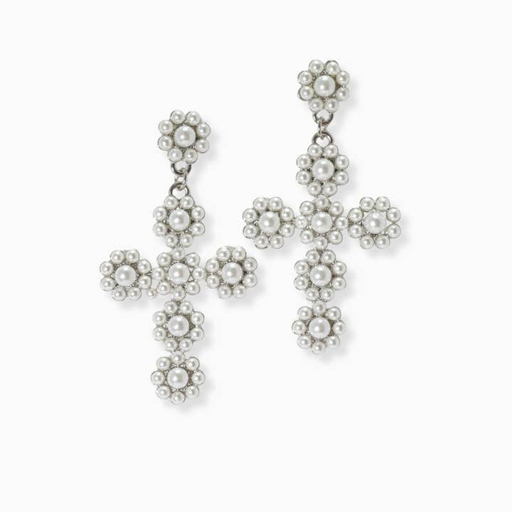 Cross pearl dangle earring for wholesale by SOPHIA WHOLESALE