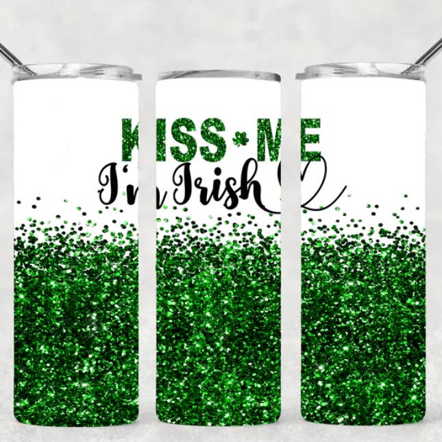 Kiss me I'm Irish with green glitter bottom Tumbler for wholesale by Allison Kay Designs Co.