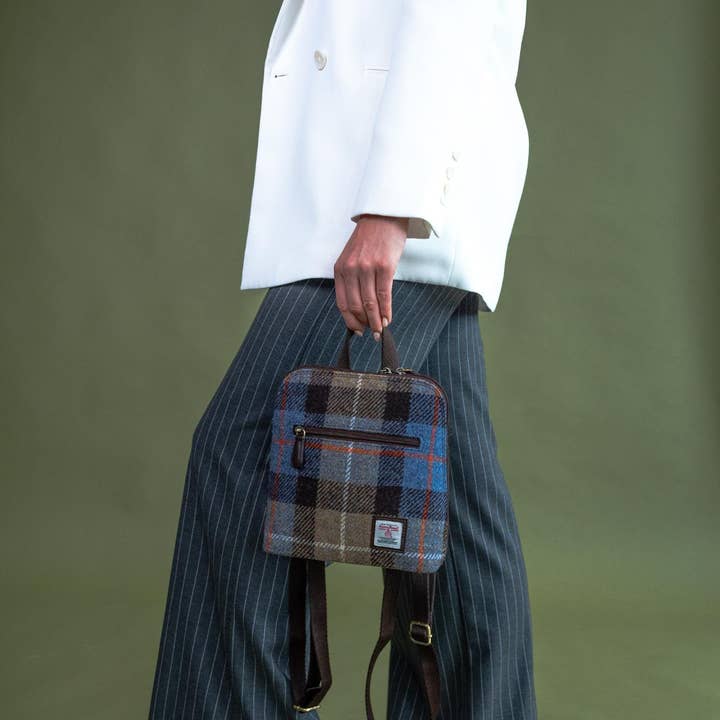 Mini Backpack in Blue/Brown Check Harris Tweed for wholesale by maccessori