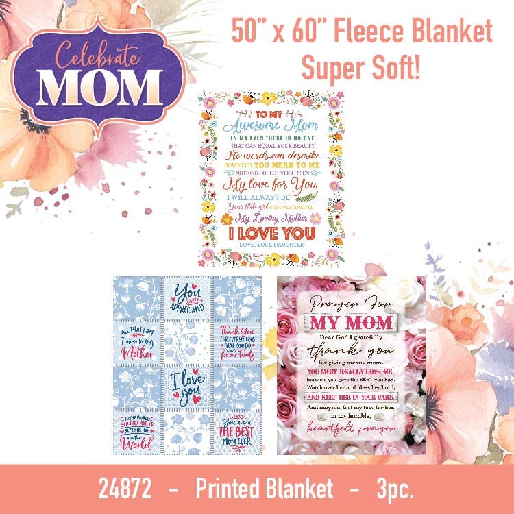 Novelty Closeout - Wholesale Throw Blanket - Mother's Day 60" x 50" Full Print Fleece Throw Blanket- 3/Pk1