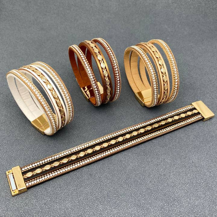 LB - Dreilagiges Boho-Armband aus funkelndem Strass und Leder für den Großhandel von Mio Queena