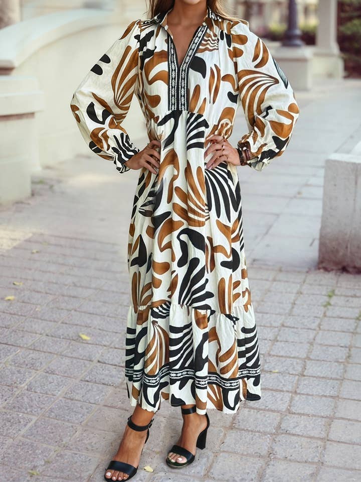 Tropical Contrast Trim Neck Long Sleeve Ruffle Hem Dress for wholesale by 1 the Woman