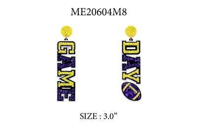 What's Hot - Wholesale Dangle Earrings - Purple and Yellow "Gameday" Glitter 2" Earring0