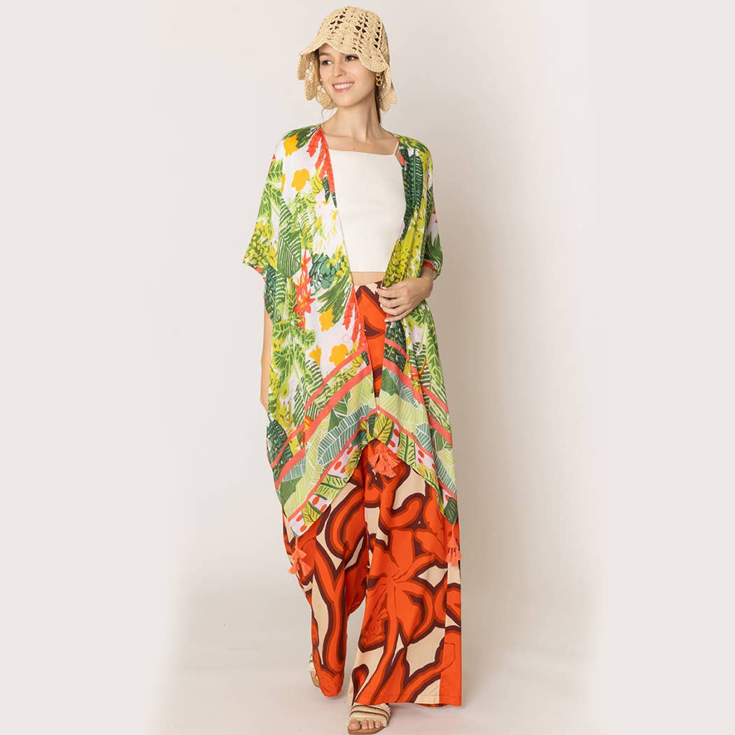 Fashion City - Vendita all'ingrosso Kimono - Donna - Copricostume kimono con nappine con stampa floreale tropicale2
