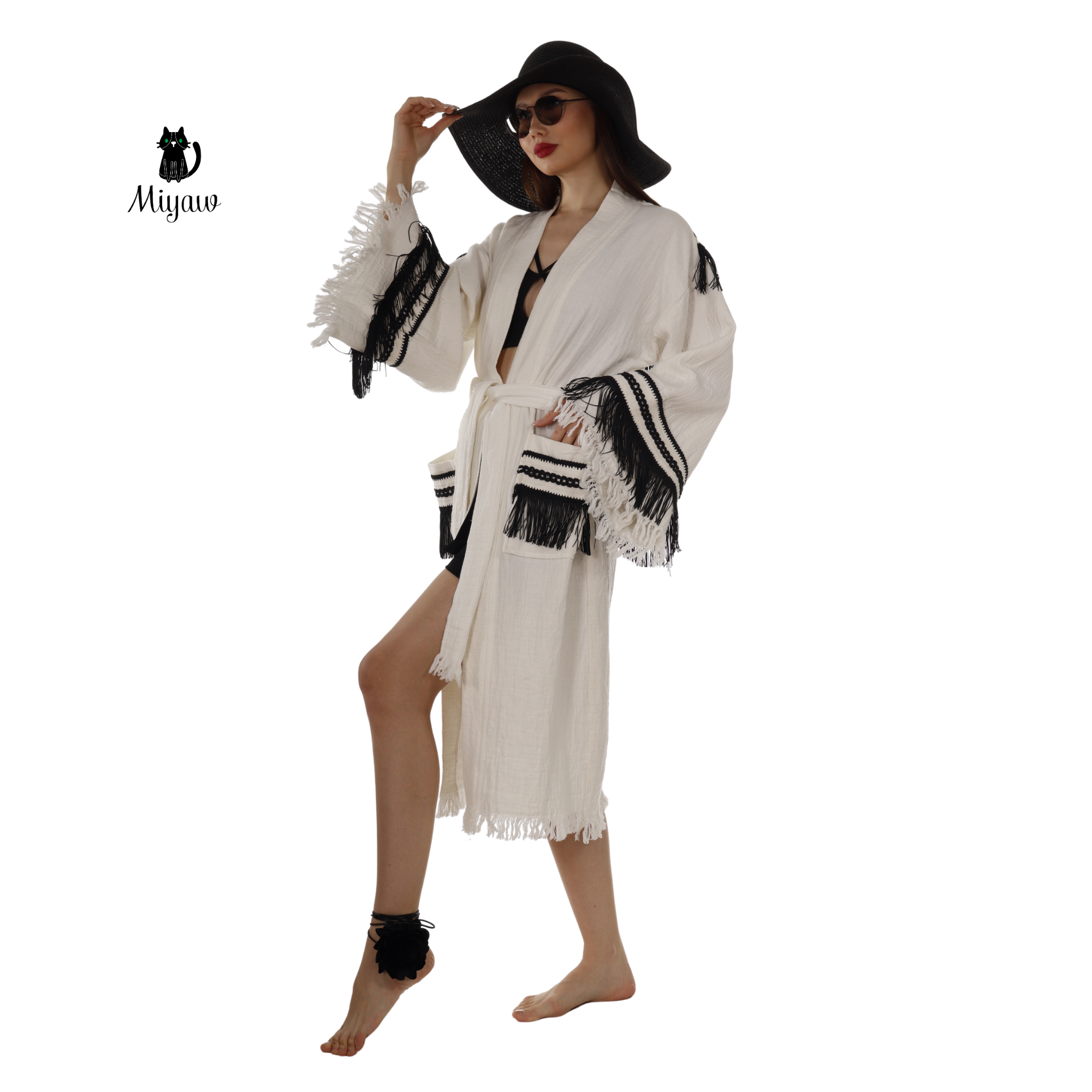 White Kimono Robe with Black Fringe – Boho Western Style for wholesale on Faire7