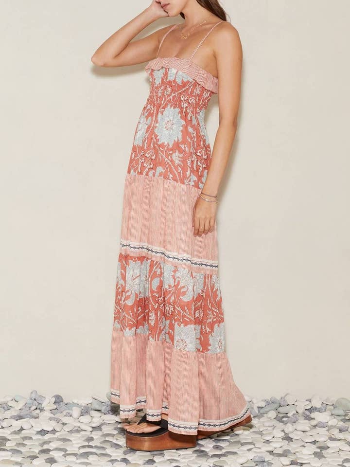 Pink Duporto boho Floral patchwork drop waist strappy dress for wholesale on Faire