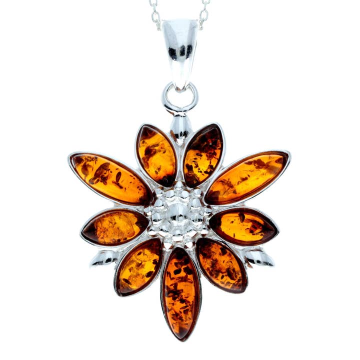 925 Sterling Silver & Baltic Amber Modern Designer Flower Pendant - 318C for wholesale by SilverAmber Jewellery