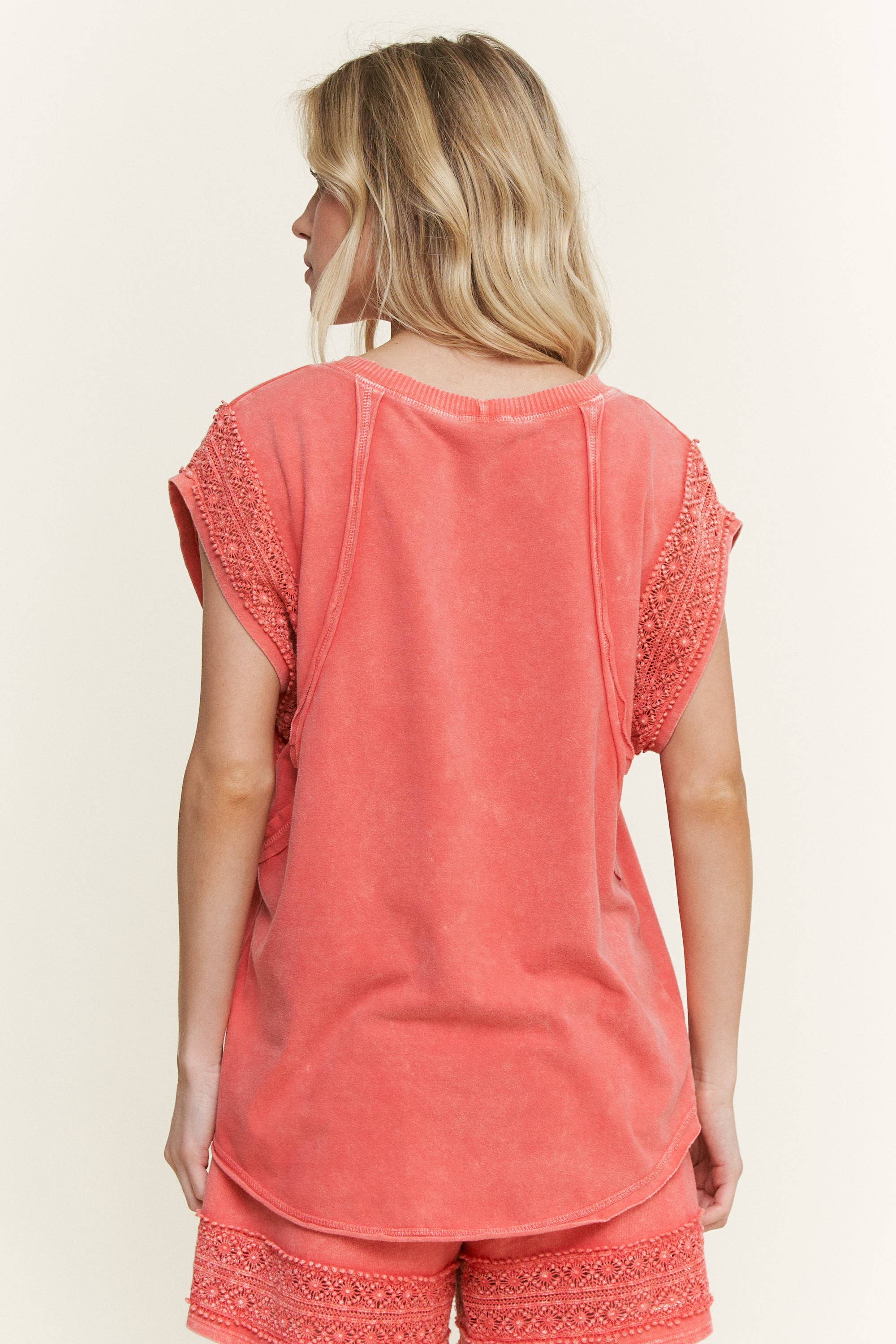 OrangeRed MineralWash Trim Cap sleeve Blouse HT5668.. for wholesale on Faire2