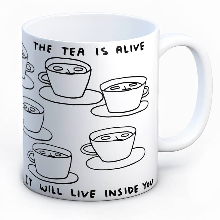 Mug Cadeau Drôle David Shrigley - Le Thé Est Vivant pour la vente par David Shrigley x Brainbox Candy