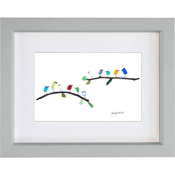 Rainbow Birds on Branches Sea Glass Picture Wall Art Decor for wholesale by UrchinArtworks