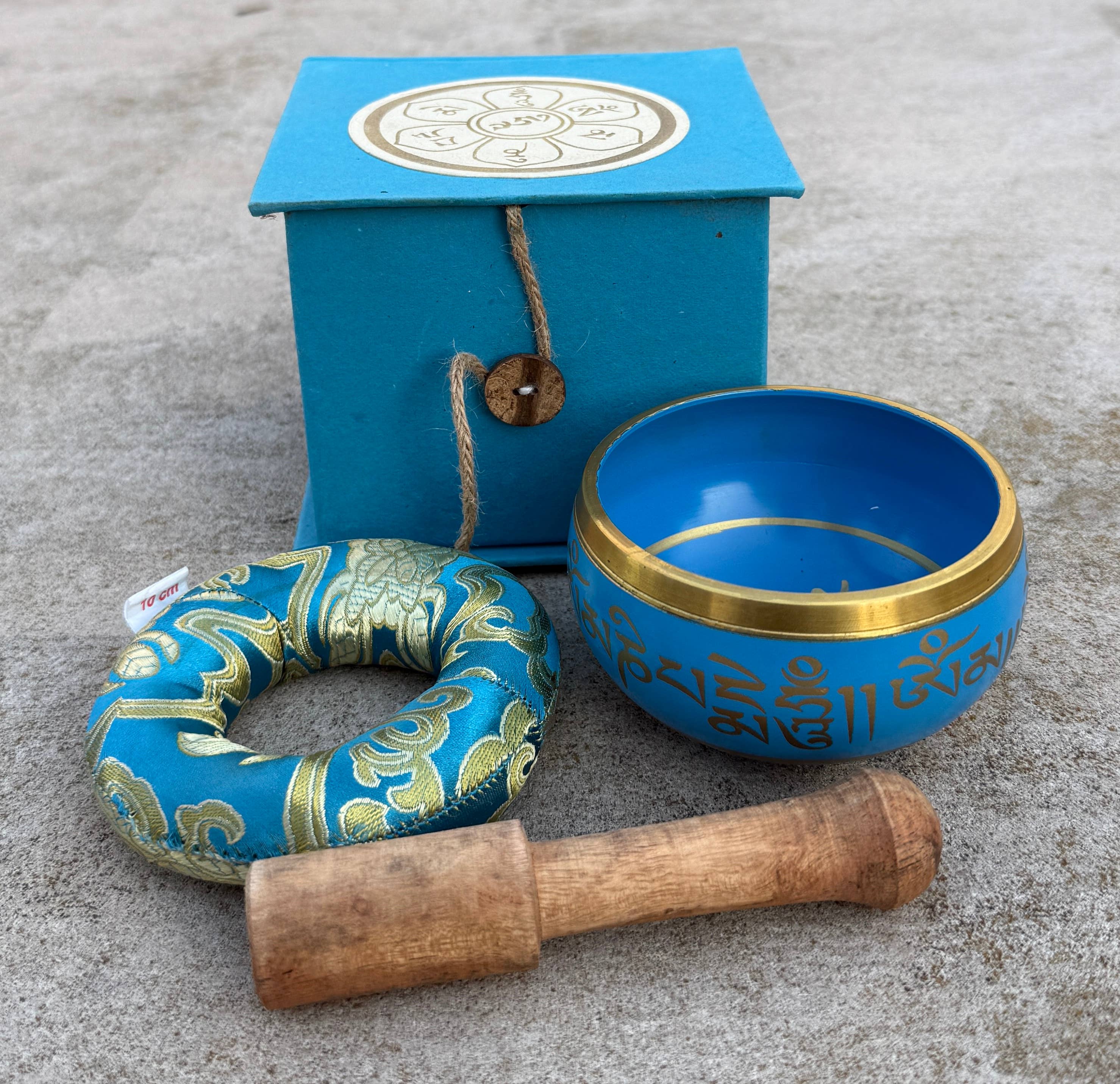 Lungta Imports - Wholesale Meditation Supplies - Tibetan Complete Singing Bowl Gift Box Set with OM Mani Padme Hum Etched Bowl17