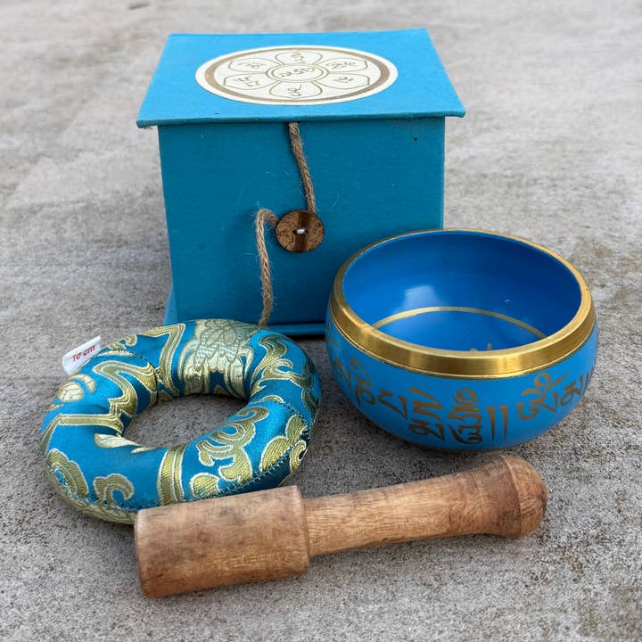 Lungta Imports - Wholesale Meditation Supplies - Tibetan Complete Singing Bowl Gift Box Set with OM Mani Padme Hum Etched Bowl17