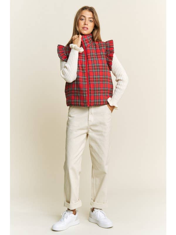 RED EVERYDAY PLAID PUFF ZIP UP VEST JACKET with ARMHOL for wholesale on Faire10