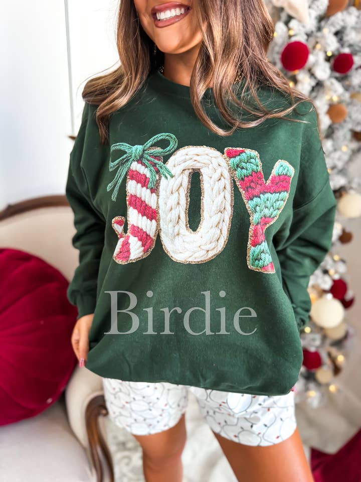 Faux Yarn JOY Graphic Crewneck on Forest Green for wholesale by birdie