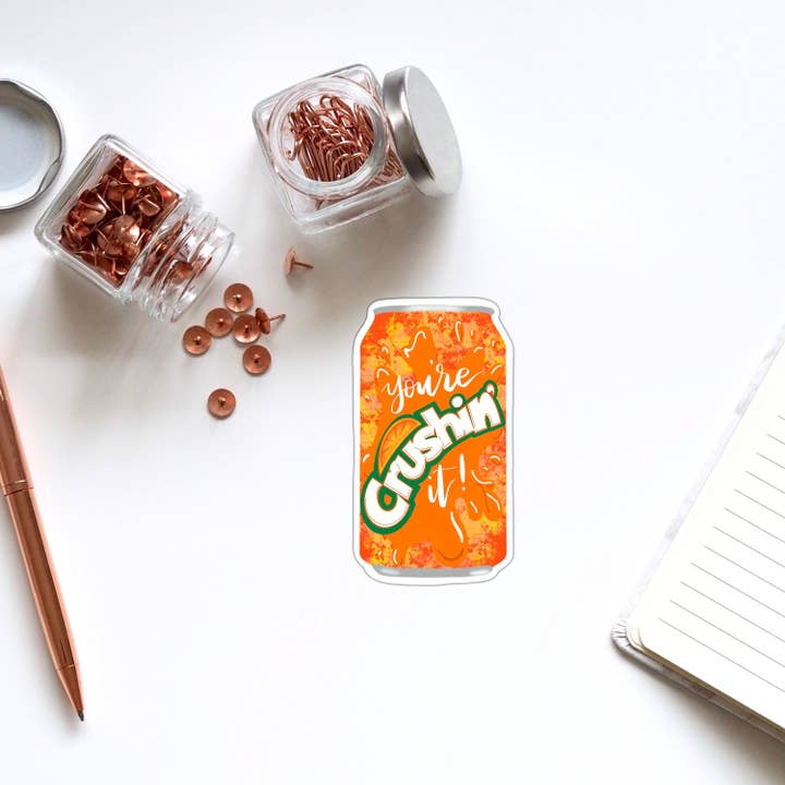 Orange You’re Crushing it Food Pun Vinyl Sticker for wholesale by Stick With It Sticker Co