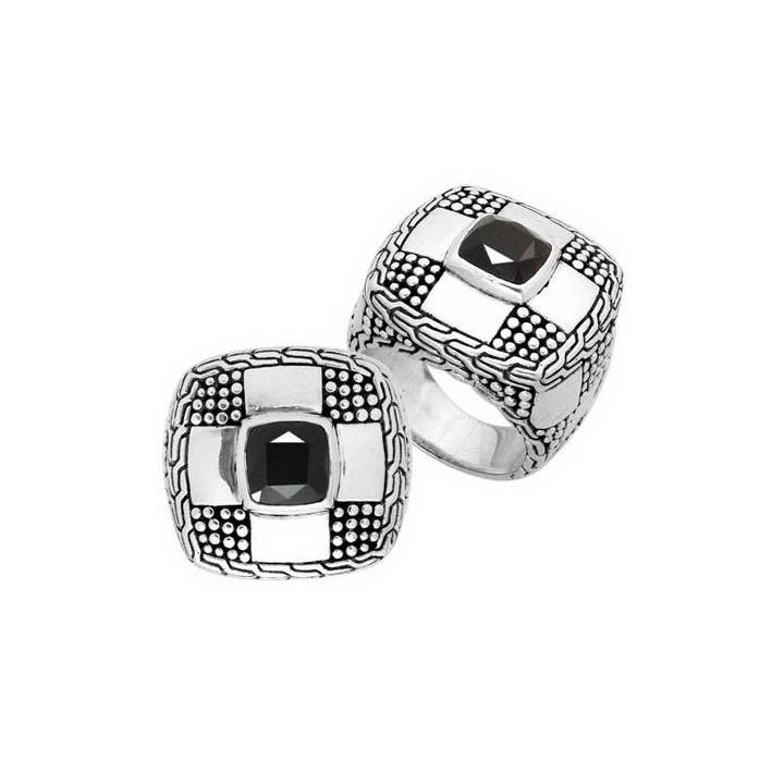 AR-6155-OX Sterling Silver Black Onyx Square Design Ring – Handcrafted In Bali for wholesale by Bali Designs