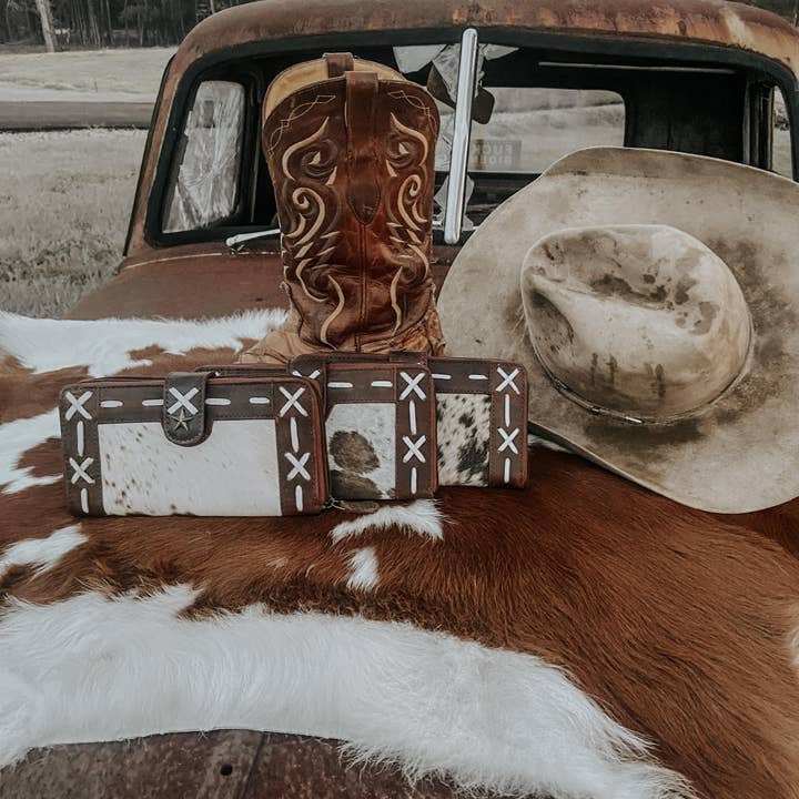 Texas Western Cowhide Bags and More - Wholesale Wallet - Women's - Cross Stiched Leather Cowhide Womens Wallet