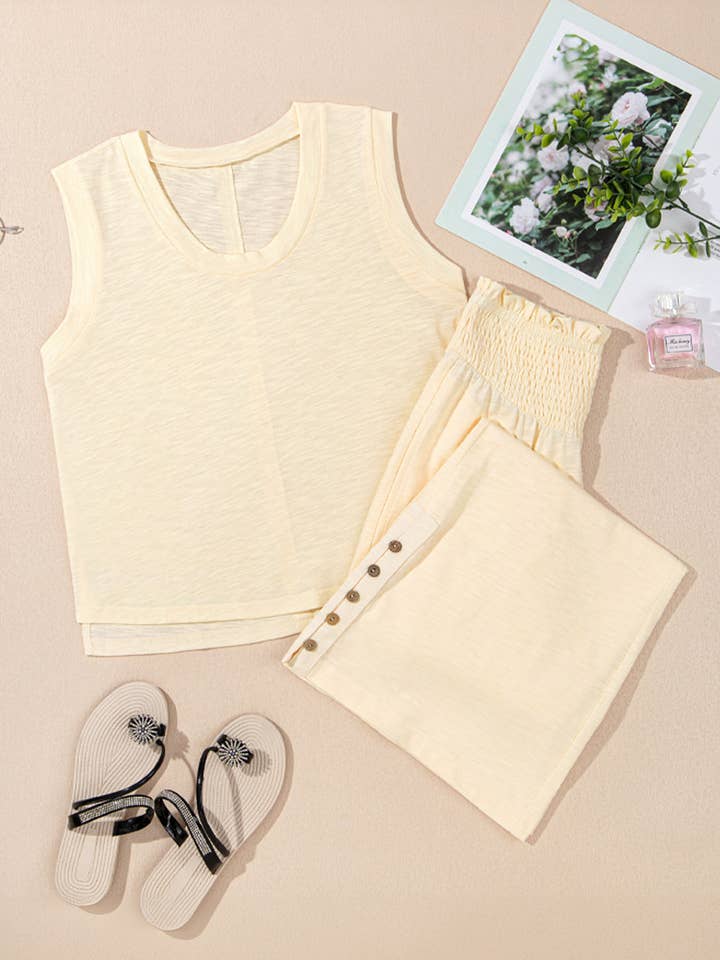 Beige Solid Tank and Smocked Pants Summer Set for wholesale on Faire