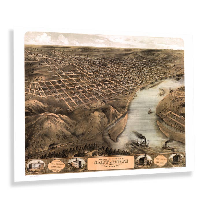 1868 Saint Joseph Missouri Map Poster - Vintage Bird's Eye View of the City of St Joseph Missouri Wall Art Map Print for wholesale by Historic Prints
