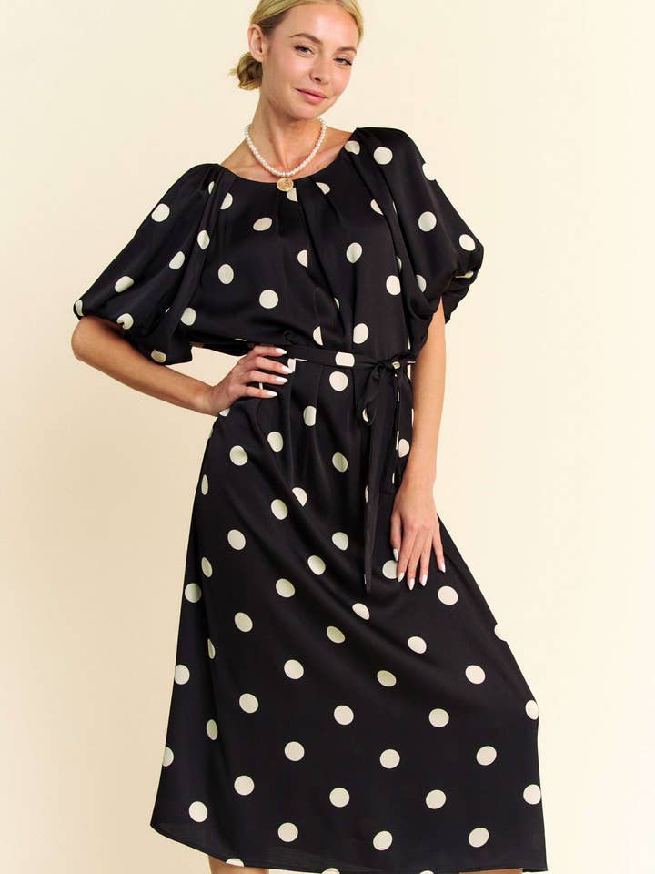 POLKA DOT PUFF SLEEVES WAIST TIE MIDI DRESS for wholesale by Davi & Dani