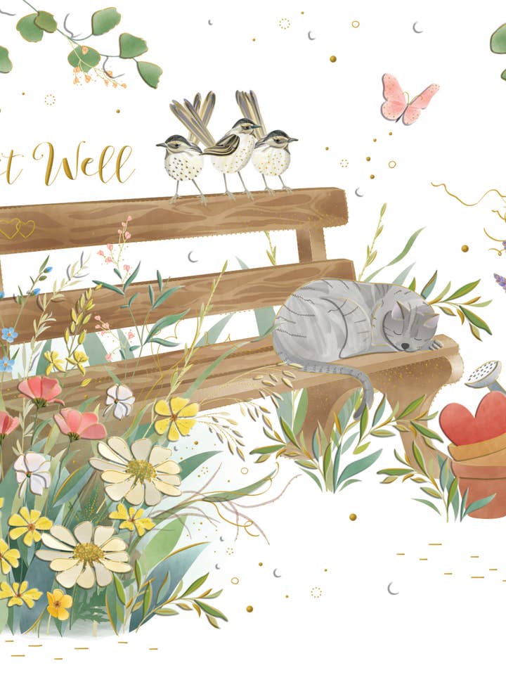 GET WELL CAT BENCH GREETING CARD TURNOWSKY for wholesale by Notes & Queries, Inc.