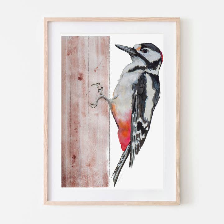 Art print Spotted Woodpecker bird print A4 and A3 for wholesale by Studio Angelart