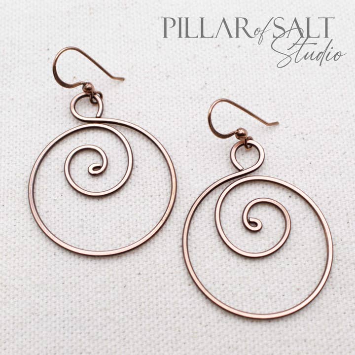Antiqued Copper Spiral Earrings for wholesale by Pillar of Salt Studio