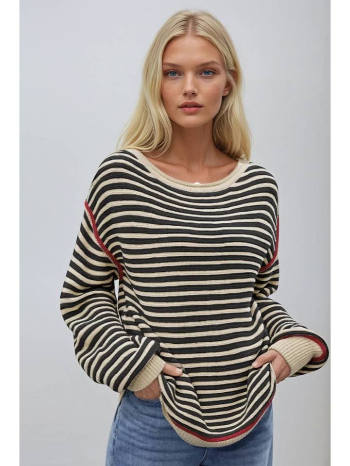 WISTERIA LANE - Wholesale Knit Sweater - Women's - STRIPED TEXTURED BOATNECK PULLOVER SWEATER W1582TIA