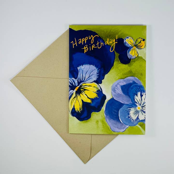 'Happy Birthday!' Pansies & Violas greeting card for wholesale by Ferry Kiss Studio