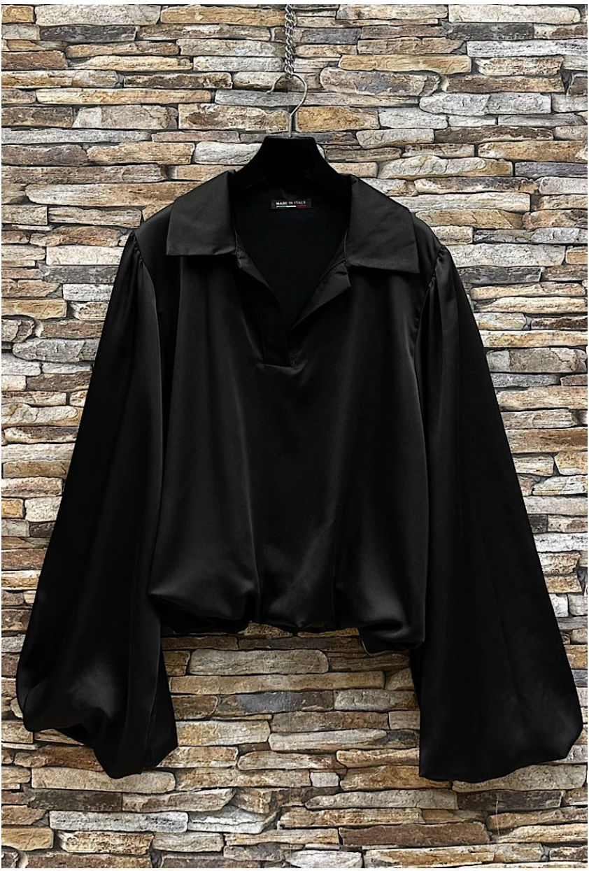 LOOWIE - Wholesale Blouse - Women's - ELBLBSB Italian Black Satin Blouse w/ Balloon Sleeves LOOWIE0