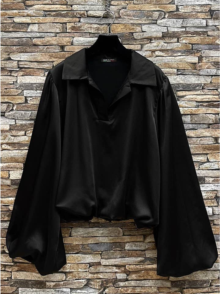 LOOWIE - Wholesale Blouse - Women's - ELBLBSB Italian Black Satin Blouse w/ Balloon Sleeves LOOWIE0