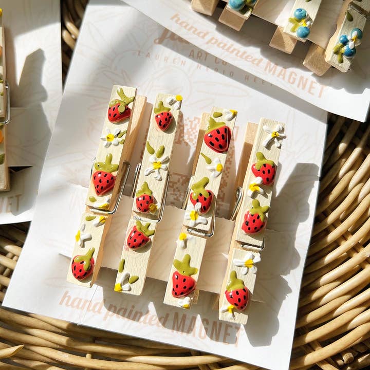 3D Strawberries’n cream-Magnetic Hand Painted Clothespin set for wholesale by Juniberry Art Co