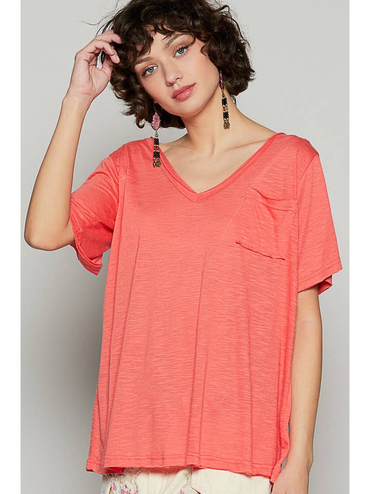 Pol Clothing - Wholesale Tunic - Women's - V-neck short sleeve casual knit chest pocket slub tee SALE