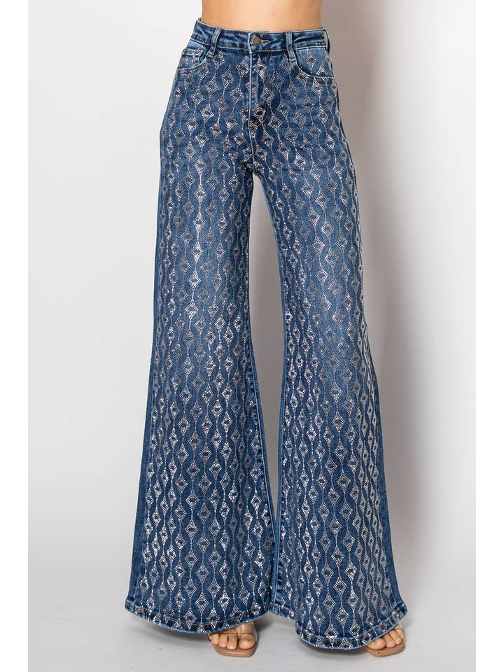 Nina Rossi Jeans - Wholesale Jeans - Women's - D25-4-A - Embellished wide leg medium blue denim jeans