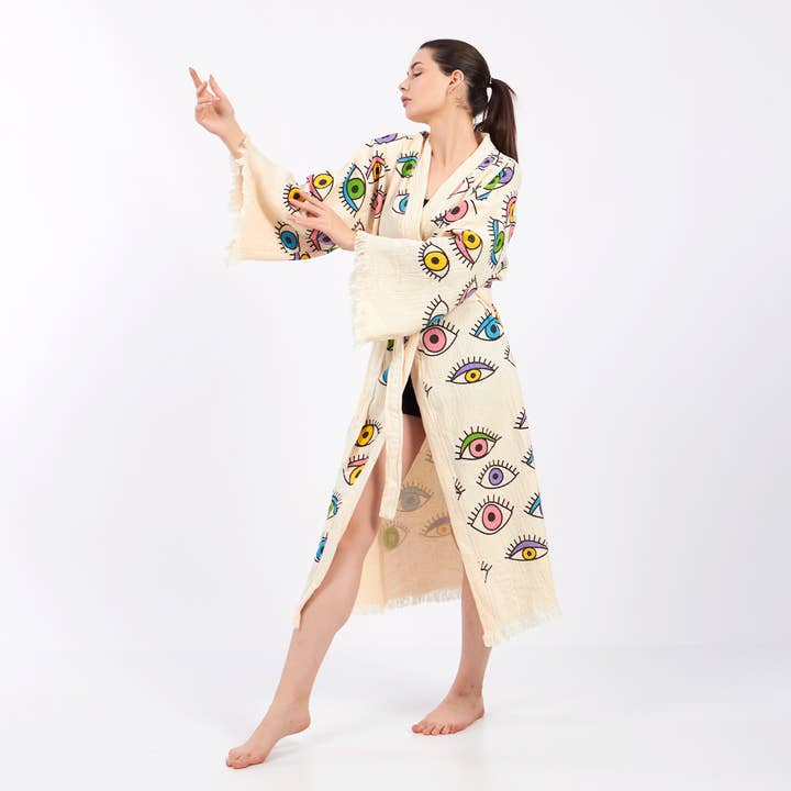 Yaz Concepts - Wholesale Kimono - Dames - Turkse badjas met kleurrijk oogmotief, festival kimono kaftan11