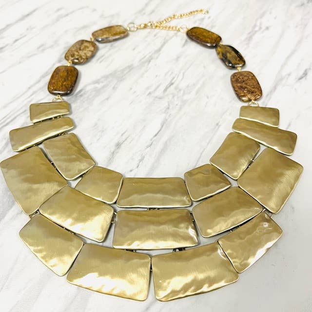 Anita K By Blushing Pink - Wholesale Bib Necklace - Hammered Gold Chunky Bib Necklace with Bronzite Stone1