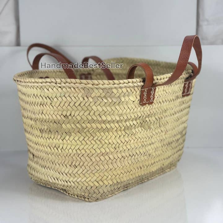 HandmadeBestSeller - Wholesale Basket - Handmade Square Straw Basket with Leather Handles1