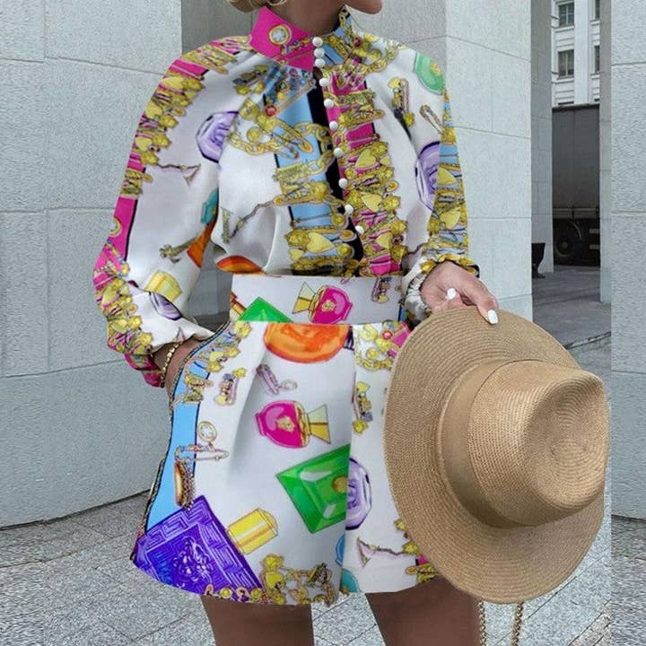 Sheer Trend - Wholesale Top & Short Set (NOT Loungewear) - Women's - Printed Long Sleeve Top Loose Shorts Set