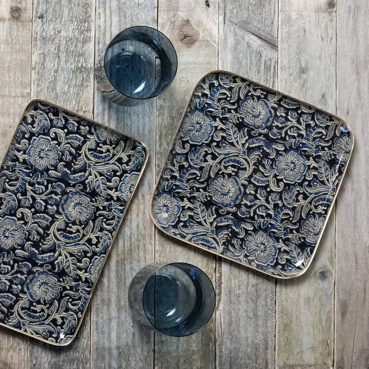 Maison Lilo - Wholesale Decorative Tray - Kalamkari enamel metal tray 10x15, gold border1