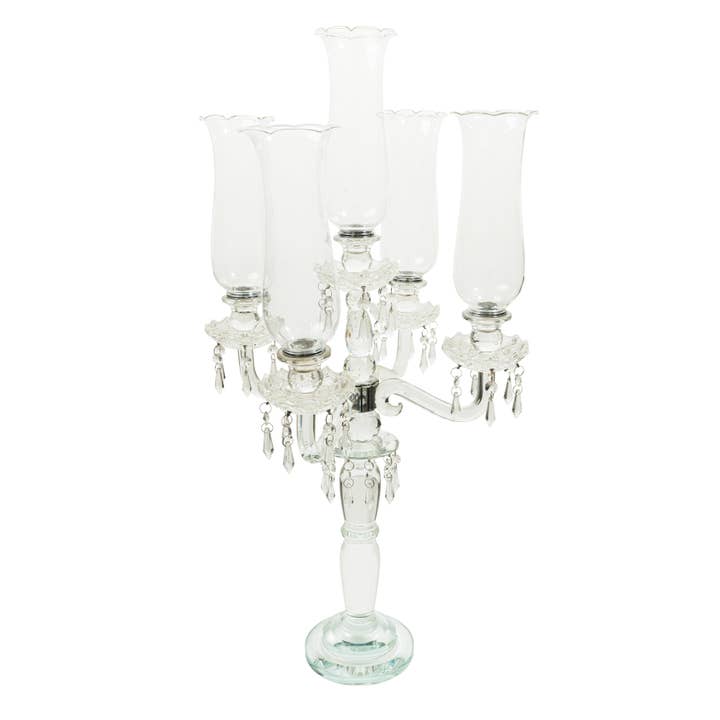 Crystal 5 Arm Candelabra with Glass Hurricane Globes 31" for wholesale by Portofino International Trading, USA
