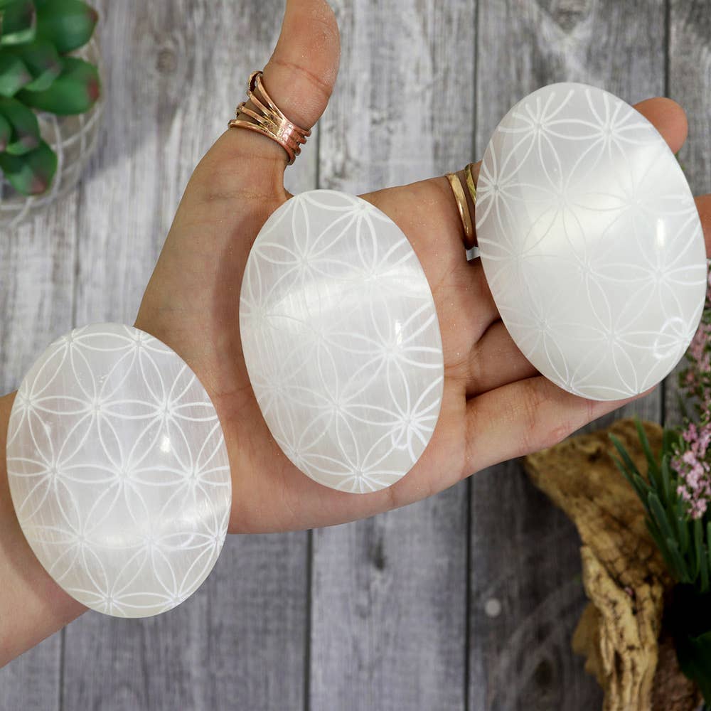 Natures Artifacts Inc - Wholesale Spiritual Stone/Crystal - Selenite Engraved Palm Stone with Flower of Life8